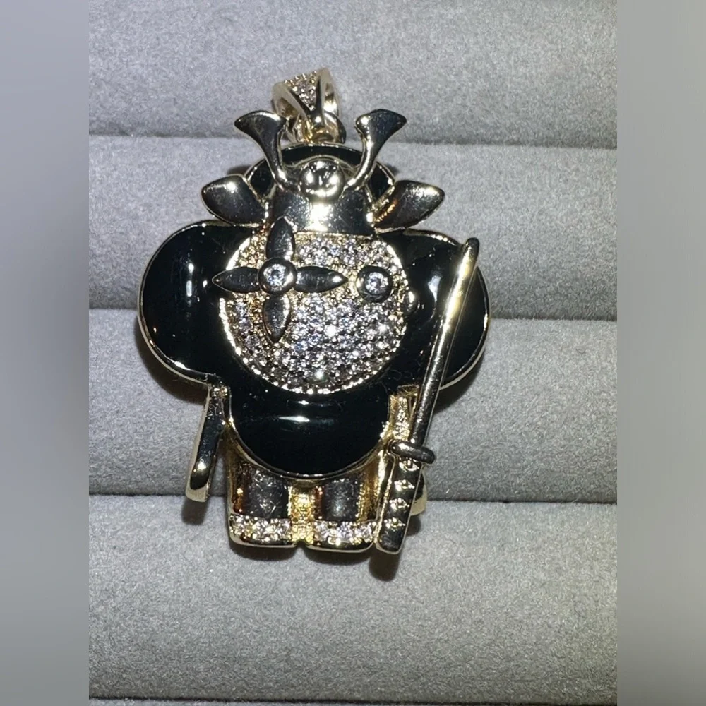 14K Gold Samurai Flower Doll Micro Pavé Iced Out Bling Drip Hip Hop Necklace - Picture 3 of 9